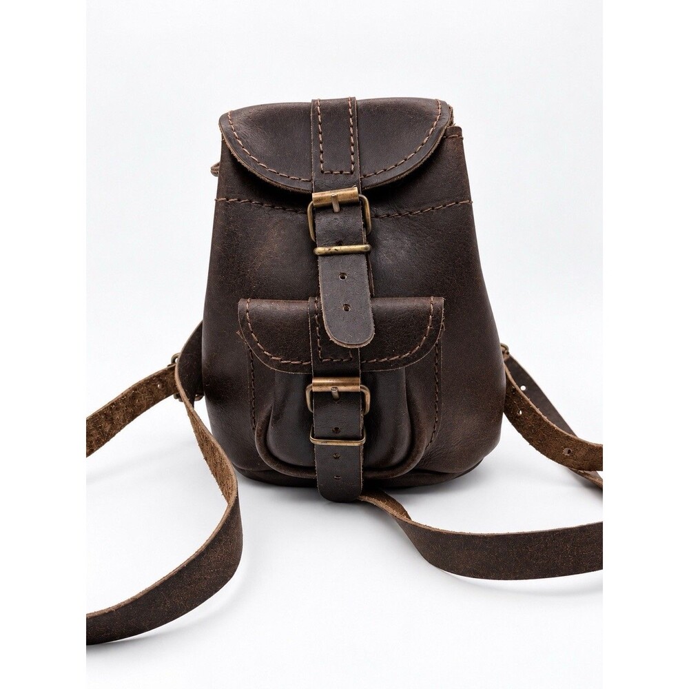 Vintage Brown Leather Mini Backpack Purse Rustic Boho Adjustable Straps Small